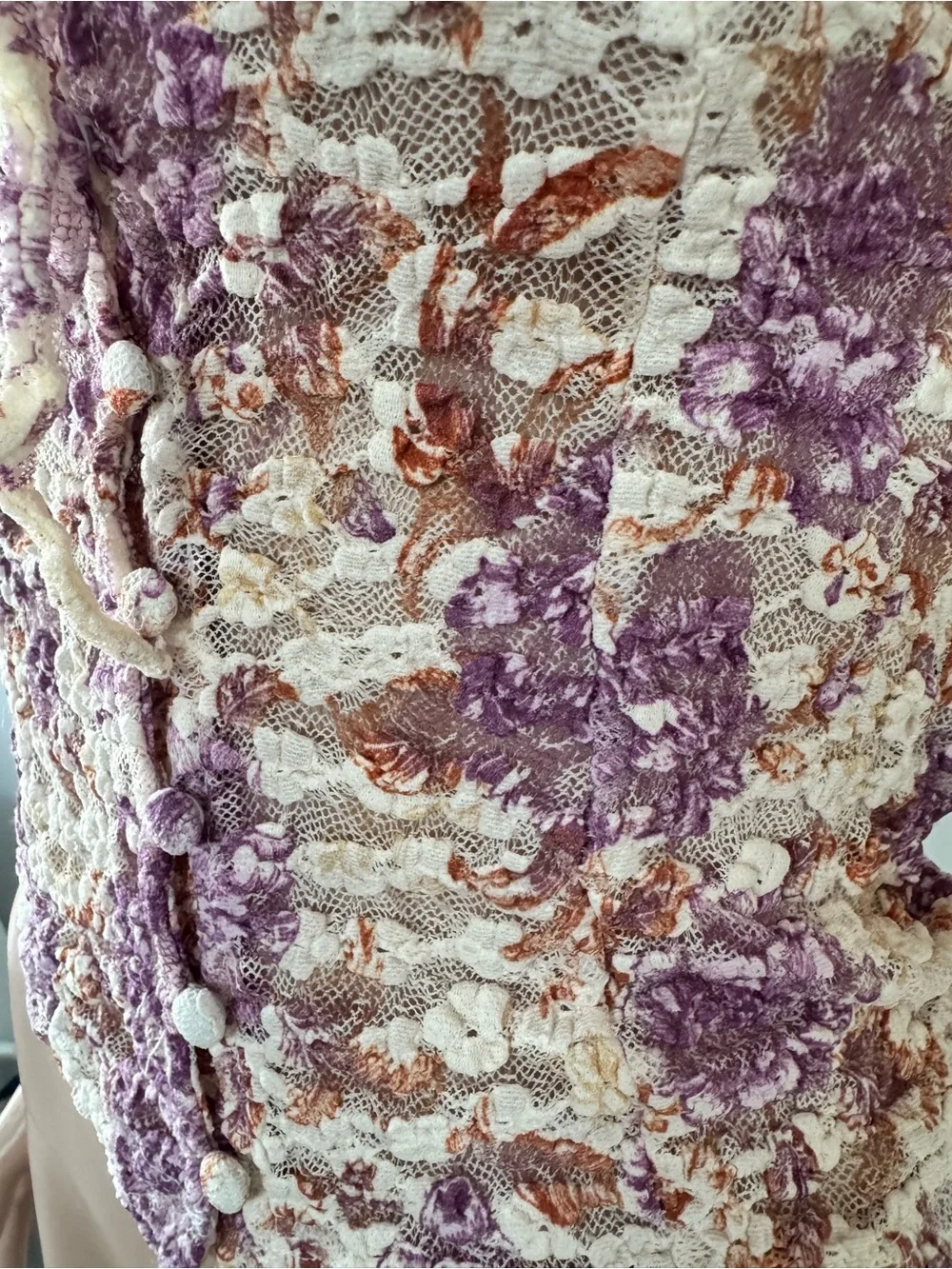 Anthropologie Purple Cream Lace Floral Ruffle Tie Puffy Sleeves Sheer Top XXS